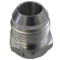 Weld bung, aluminum, -10 AN male flare, has appropriate bore throughout and seat in the back end for